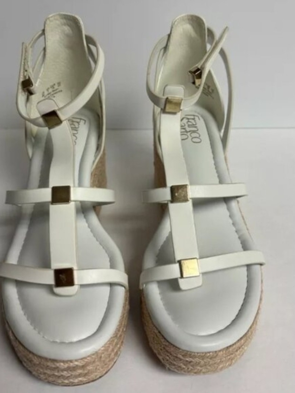 Franco Sarto White T-Strap Platform Espadrille Sandals with Gold Accents